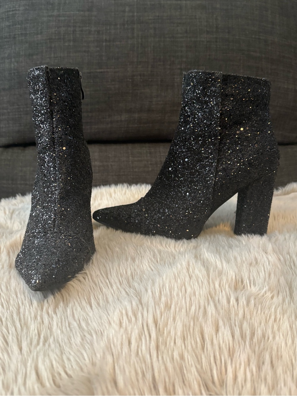 Glitter Block Heel Ankle Boots - Black